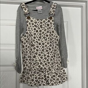 Floral Overall corduroy Dress with Gray Long Sleeve